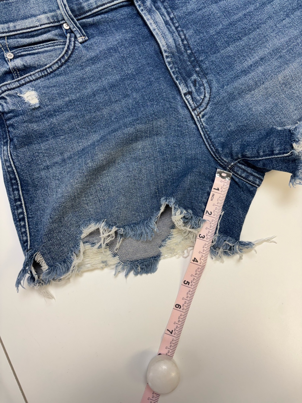MOTHER Blue Denim High-Rise Cutoff Shorts with Rainbow Pocket - Picture 6 of 8